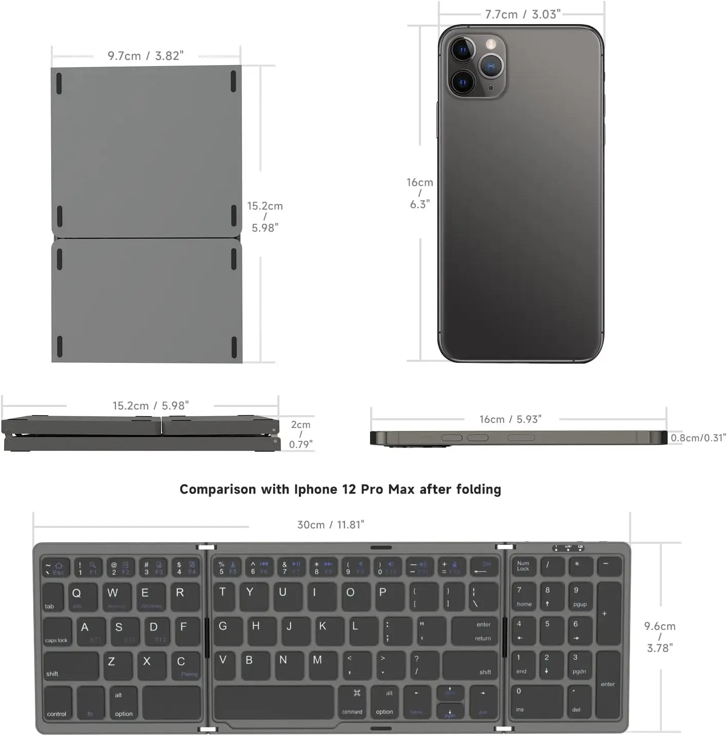 Foldable Wireless Keyboard German Spanish French English USBC Rechargeable for iPad Laptop Tablet Travel Portable Numeric Keypad