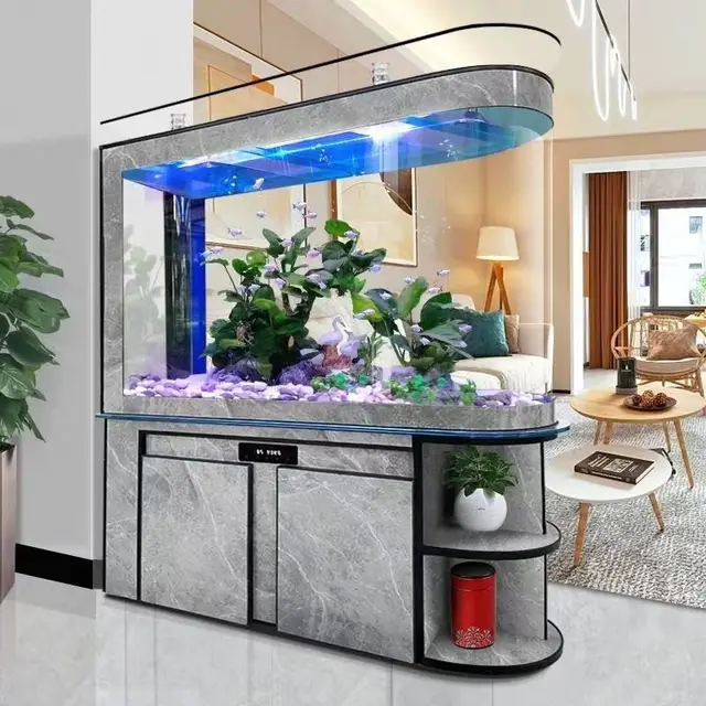 Customized large transparent cube Acrylic aquarium fish tank Glass Bullet front fish tank aquarium with bottom cabinet