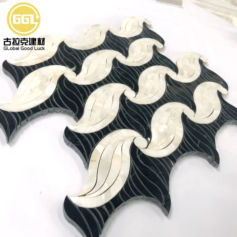 High Quality Irregular Shape Marble Mix Shell Waterjet Mosaic Tile details