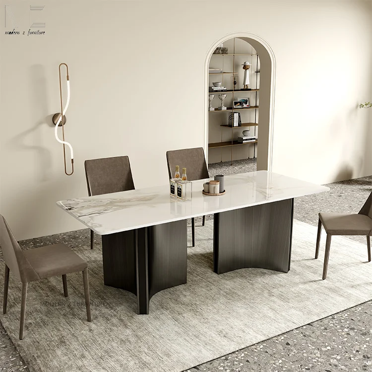 European Luxury Modern Dinning Room Furniture Minimalist Stainless Steel Marble Top Nordic Sintered Stone Dining Table