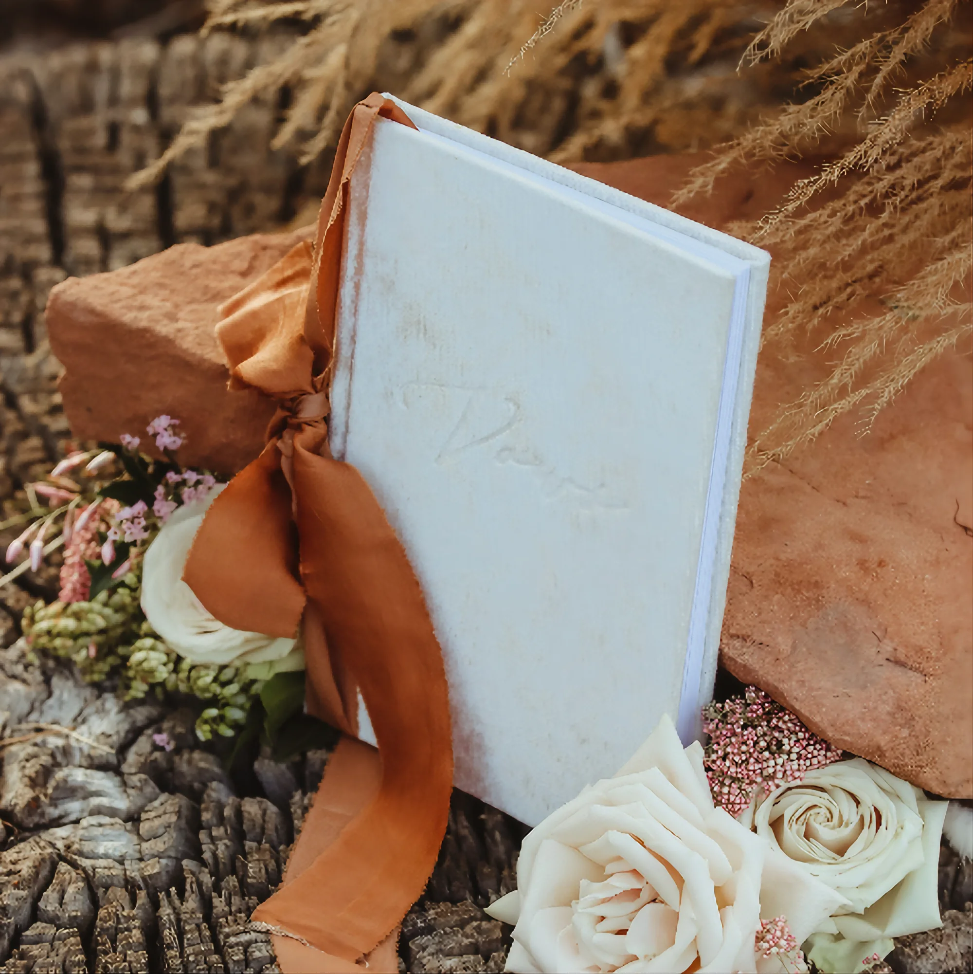 Custom Debossed Velvet Cover Vow Book for Wedding With Silk Ribbon