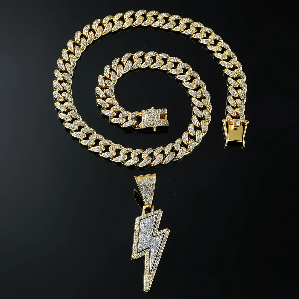 Colar cheio de diamante de liga de metal, colar masculino com pingente iluminação de hip hop