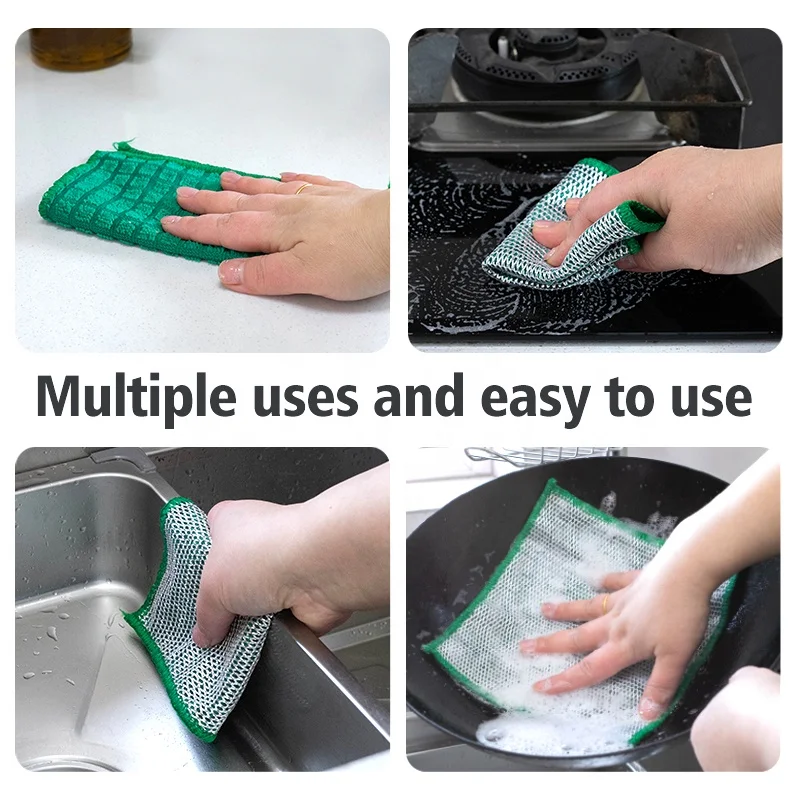2024 New Upgrade Multipurpose Double Layer Microfiber Wire Cleaning Cloths Dishwash Rag Non Scratch Wire Dishcloth