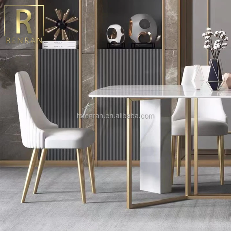 Modern Home Furniture Rectangular White Marble Top Dining Table Set 6 ...