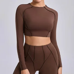 Athleisure Reinforced Flatlock Seams Crew Neck Spandex Fitness Long Sleeve Moisture Wicking Fashion Women Cropped Shirts