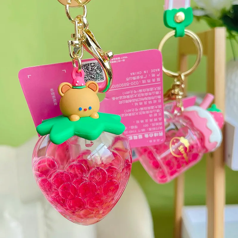Creative Cute Pink Strawberry Bottle Key Chain Keyring Pendant Acrylic