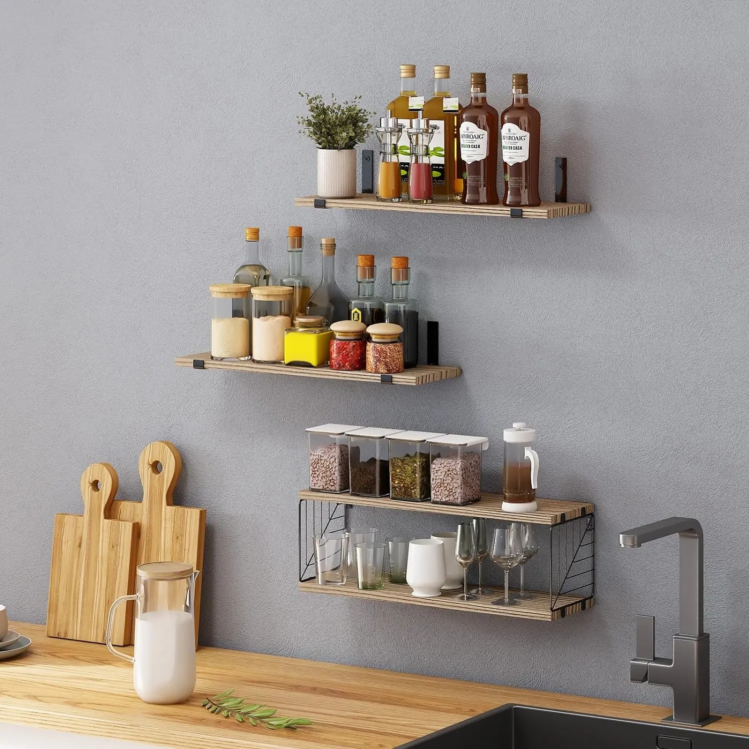 Home Organizer Wall Mounted Wooden Shelf Ornaments Decoration Storage Rack Wood Shelf Load to 40LBS