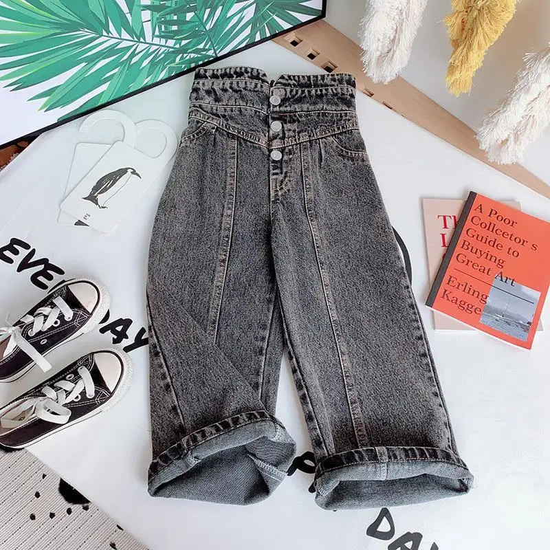 Spring Autumn Girls Jeans Baby Denim Pants Kids Wide Leg Trousers Children Bottoms Streetwear High Waist Buttons Pants