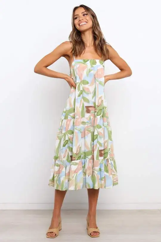 Custom Pattern Floral Print Adjustable Straps Pleated Midi Dress