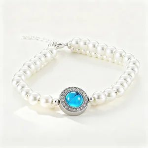 Women's Multi Layer White Pearl Bracelet with Blue Crystal Rhinestone Centerpiece Silver Tone Adjustable Chain Fashion Jewelry