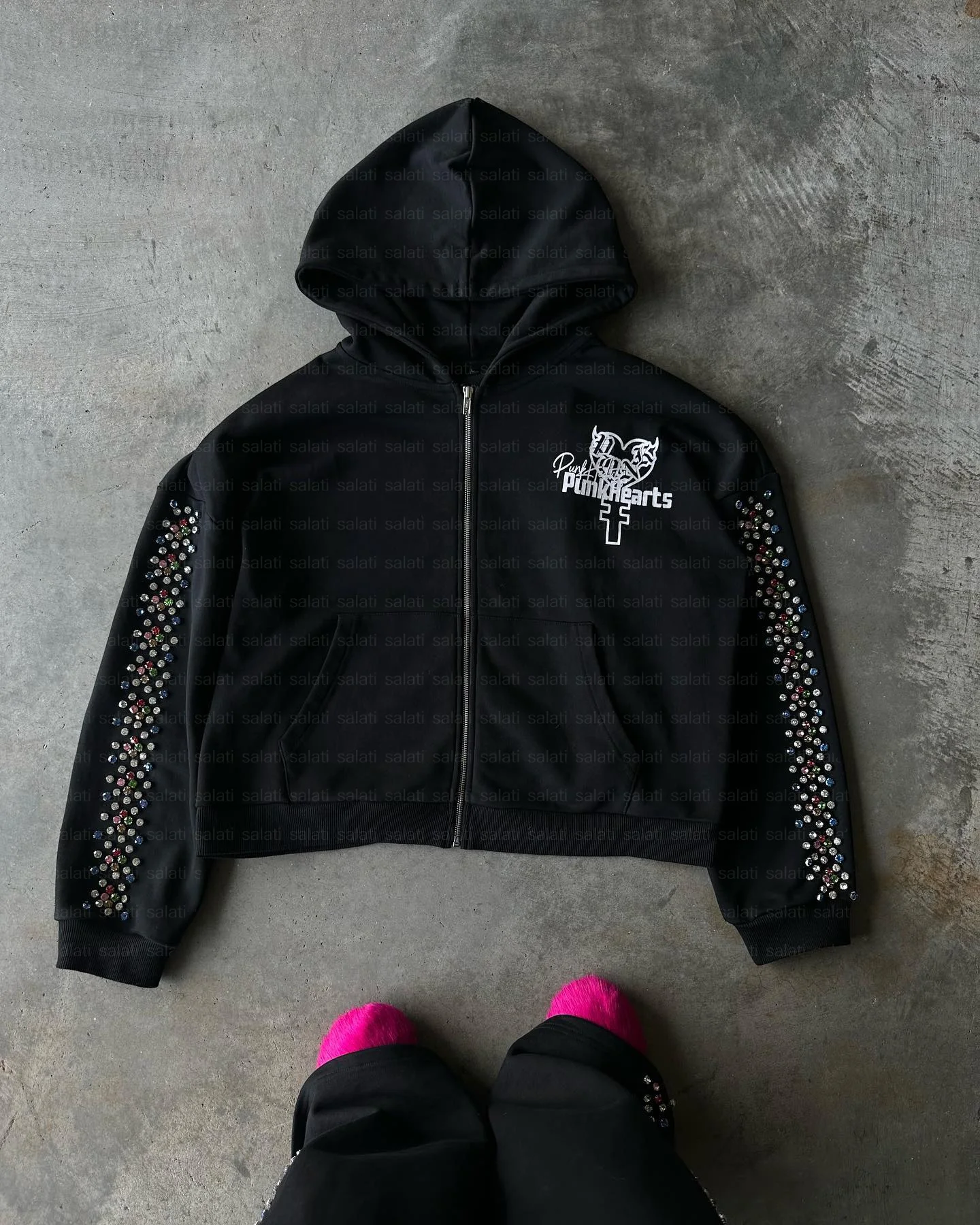 Custom 500GSM Zip up Oversized Baggy Fleece Rhinestone Jogger Sweatpants Sweatsuits Hoodie and Sweat Pants Flared Tracksuits Men gallery 3