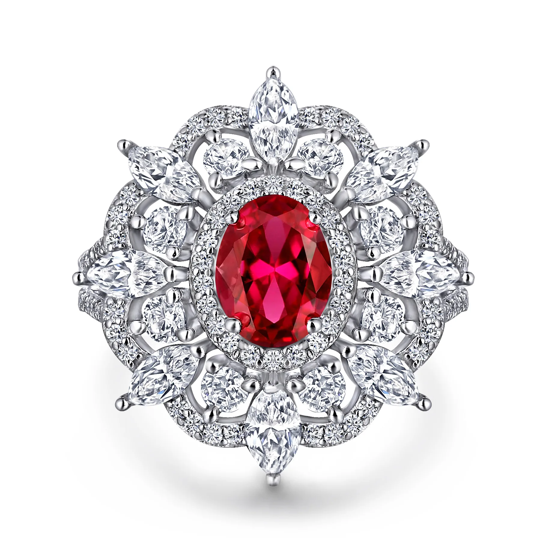 Luxury Premium Gemstone Sterling Silver Ring S925 Silver Ruby Lab Diamond Horse Eye Design