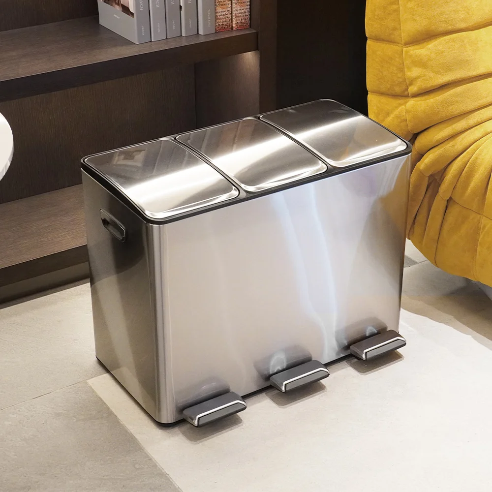 High Quality 45L 3*15L/3*3.9Gallon Triple Compartment Trash Can Stainless Steel Matte Recycle Pedal Bin With Foldable Pedals