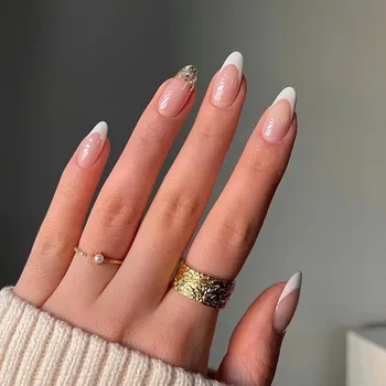 24Pcs Colors Wholesale French Style White Edge Bare Powder Gold Foil Flash Powder Almond Press on Nails