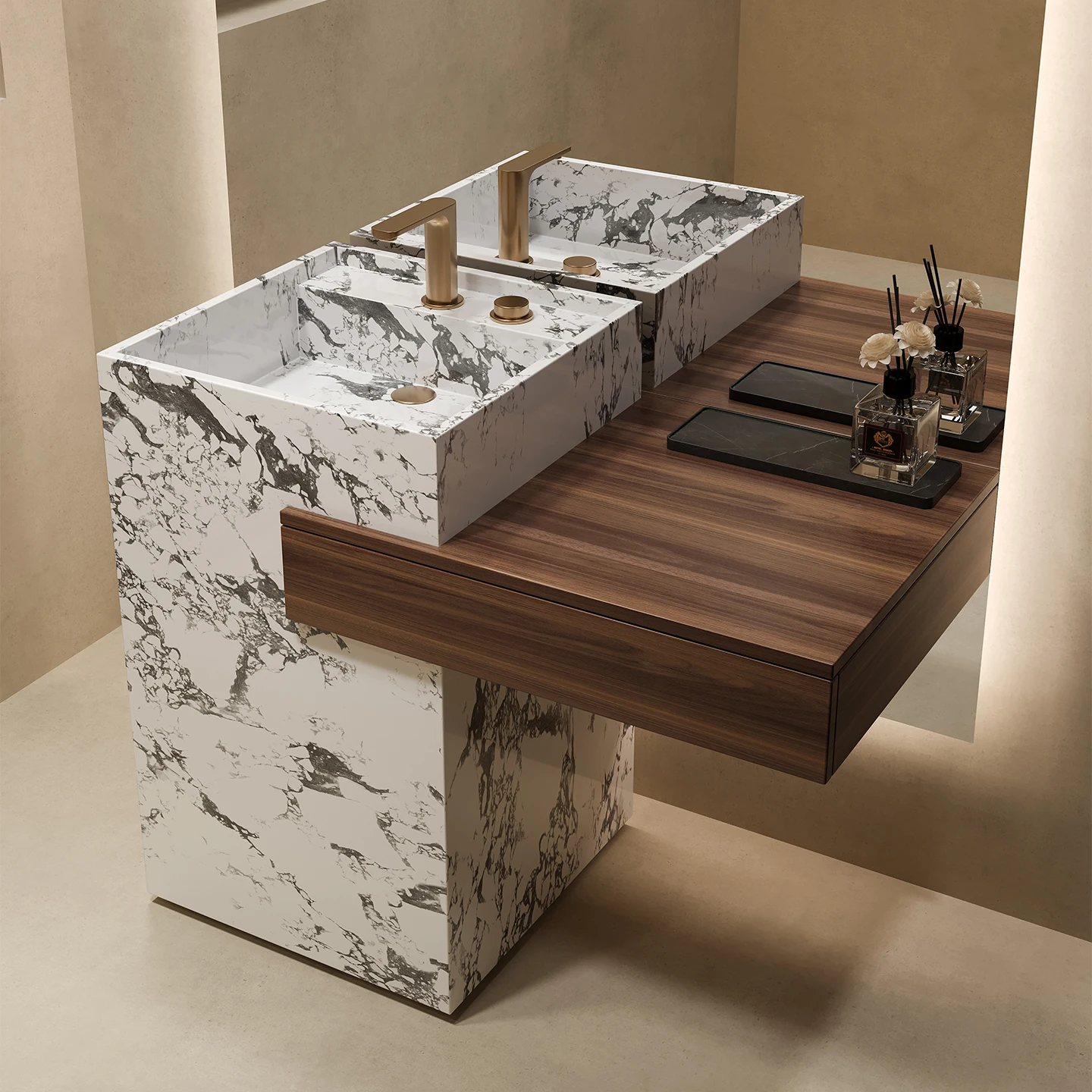 Luxury Marble Bathroom Vanity Cabinet with Integrated Sink Mirror Modern Waterproof Vanity Set for Hotel Villa