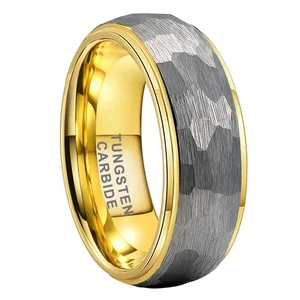 Coolstyle Jewelry 6mm 8mm Gold Hammered Tungsten Ring Men Women Couple Engagement Wedding Band Domed Stepped Edges Comfort Fit