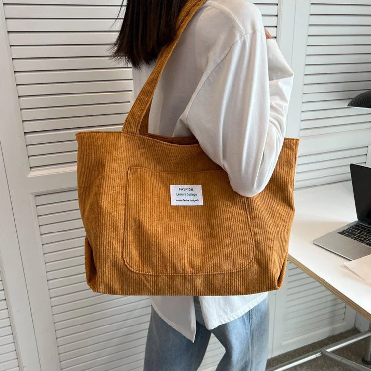 Eco Friendly Reusable Girls Small Large Shopper Corduroy Totes Shoulder Bags With Custom Printed Logo