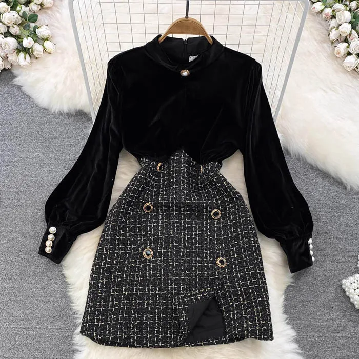 LY689 New Chic Velvet Patchwork Plaid Waistline Slimming Tweed the Dress  Skirt