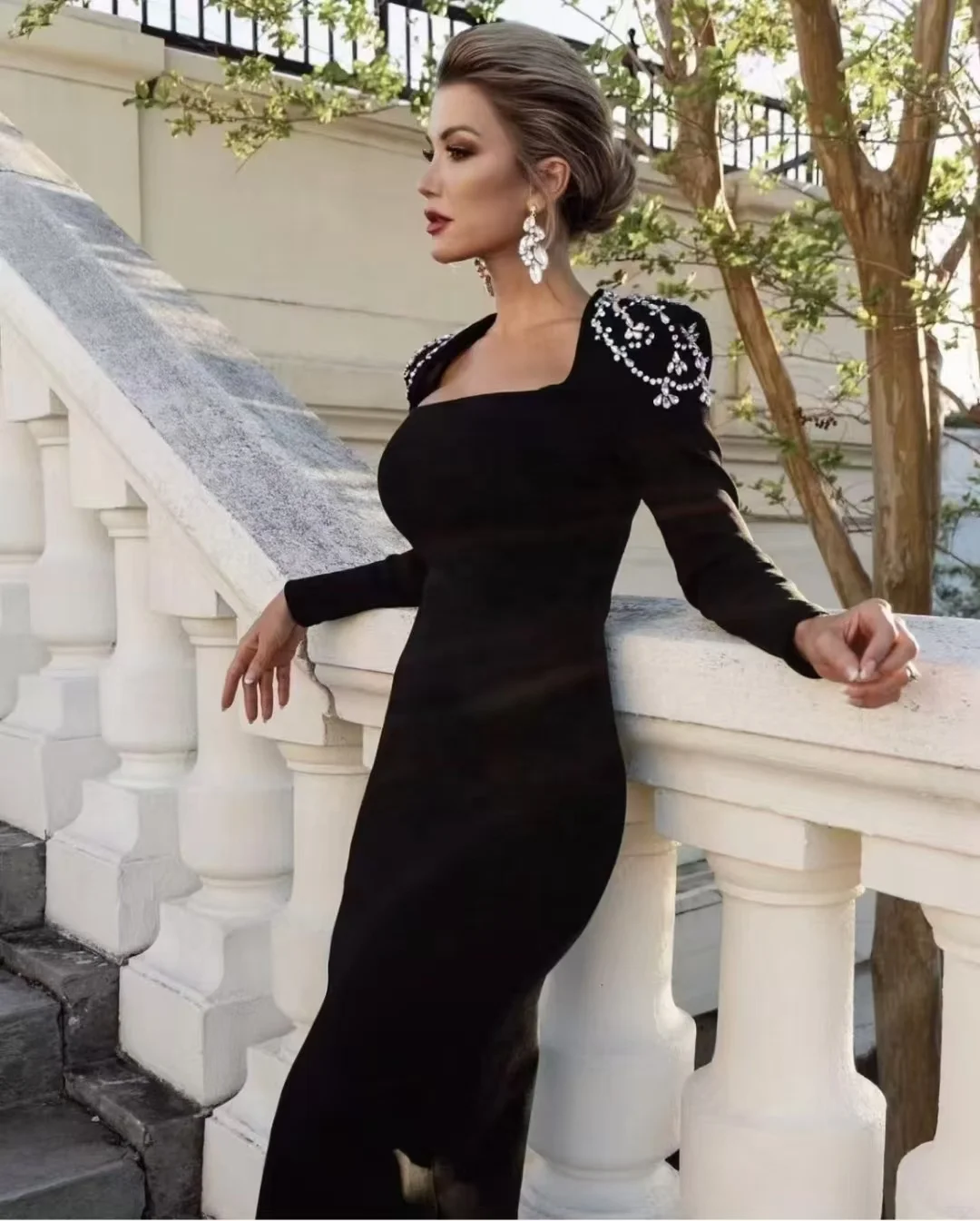 Winter New Luxury Diamond Tight Long Sleeve Dress for Women
