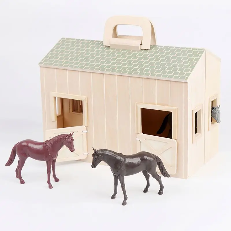 Wooden Educational Toys BSCI Factory Wooden Horse Stable Dollhouse Toy with Handle and Toy Horse
