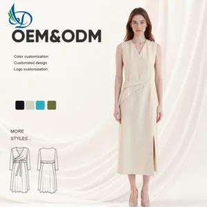 Simple Sleeveless Dress in Beige V-neck with a Cinched Waist and Split Skirt for Workplace Wear
