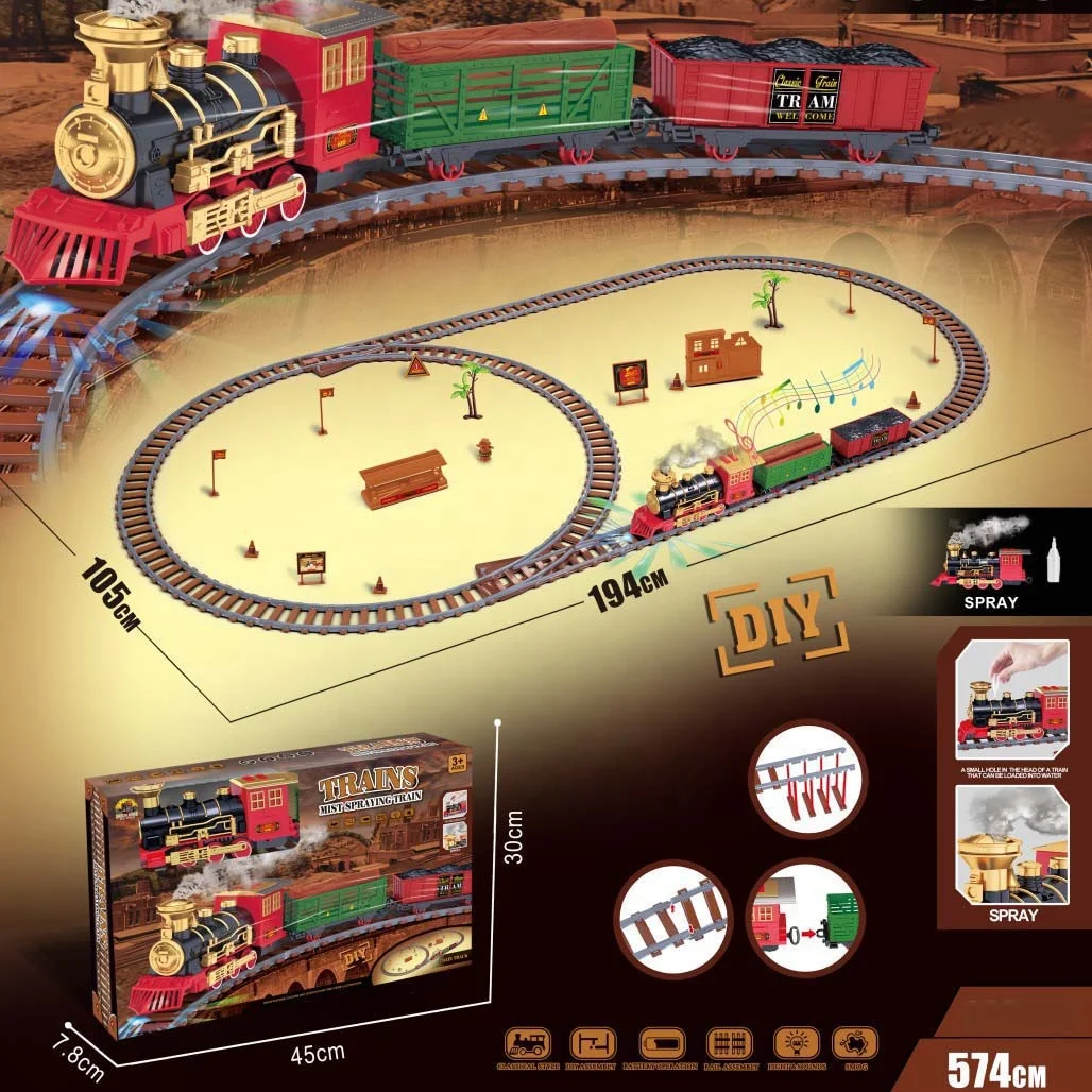 Mist Spraying Train Battery Operated Electric Train DIY Assemble Track Toy Set with Realistic Train Sound and Lights 207 PCS