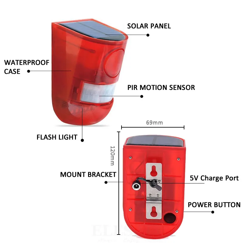 Solar Infrared Motion Sensor Alarm With 110db Siren Strobe Light for Home Garden Carage Shed Car Van Security Alarm System