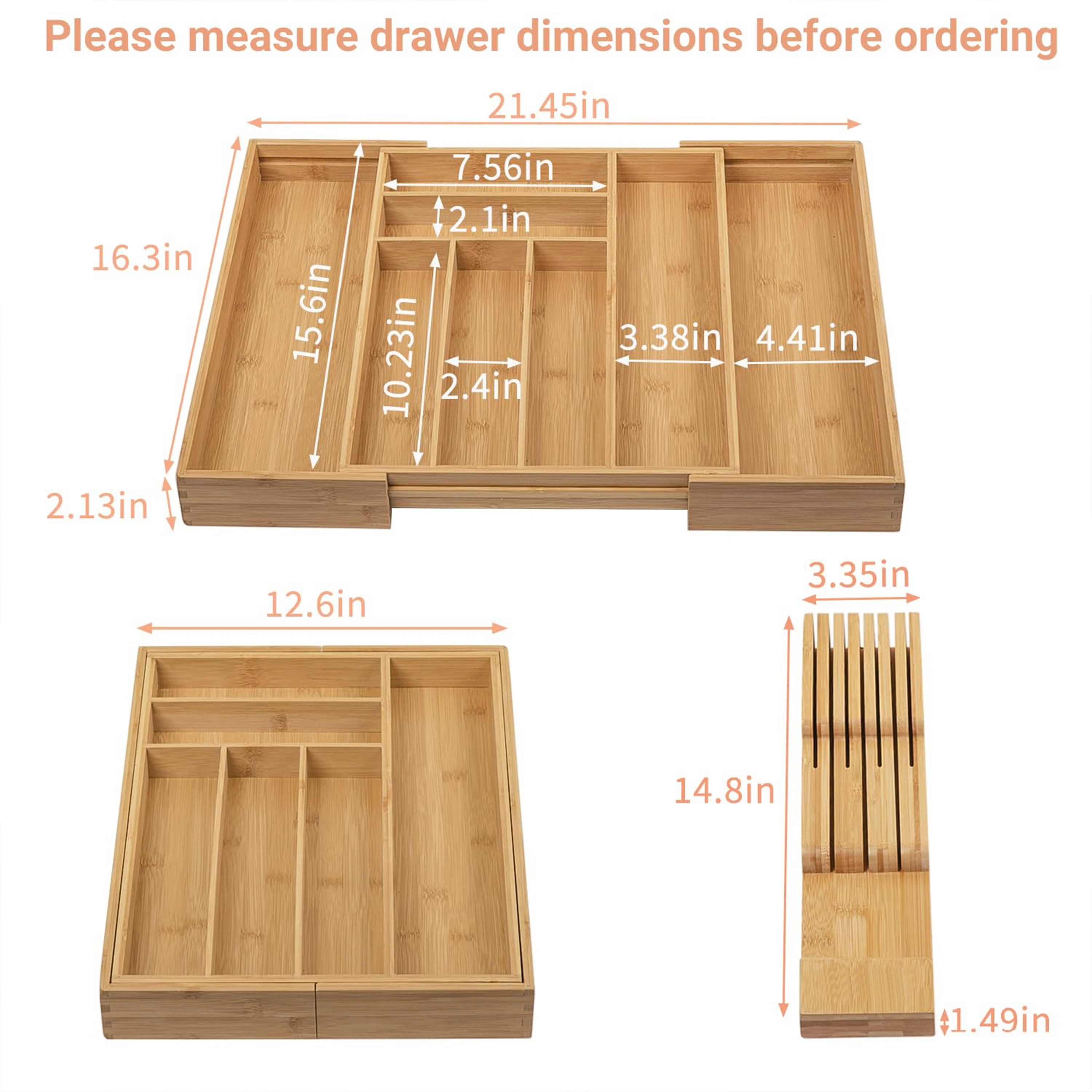 product expandable bamboo drawer organizer removable knife block 8 compartments kitchen silverware cutlery tray utensil storage divider-4