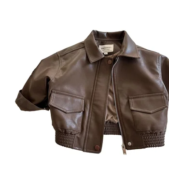 Children Clothes Autumn New Arrival Baby Boys and Girls Solid Color Lapel Leather Fashion Baby Coat