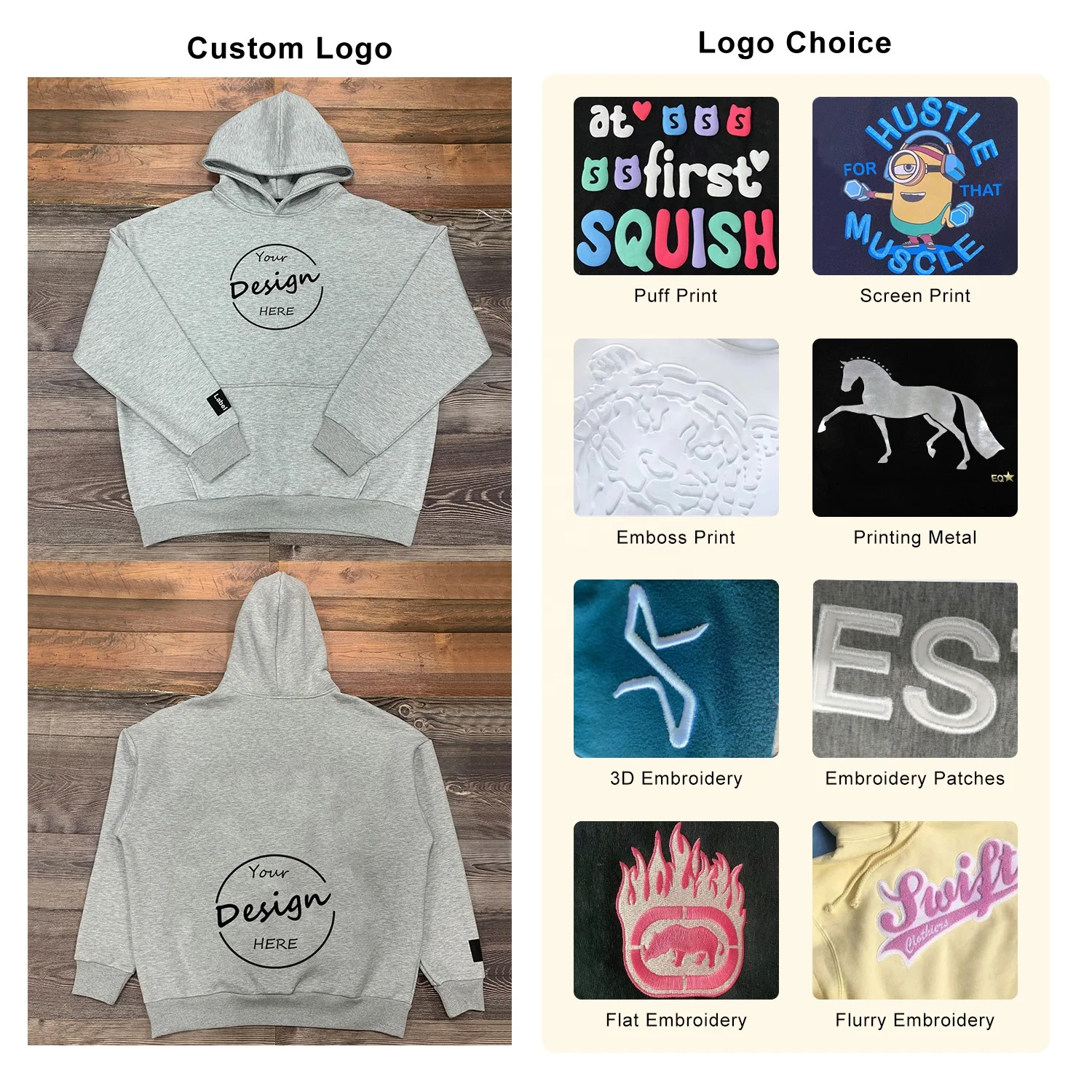 JL528B Wholesale 100% Cotton Gray Bulk Men Heavy Thick Fleece Plain Puff Printing Men Hoodies