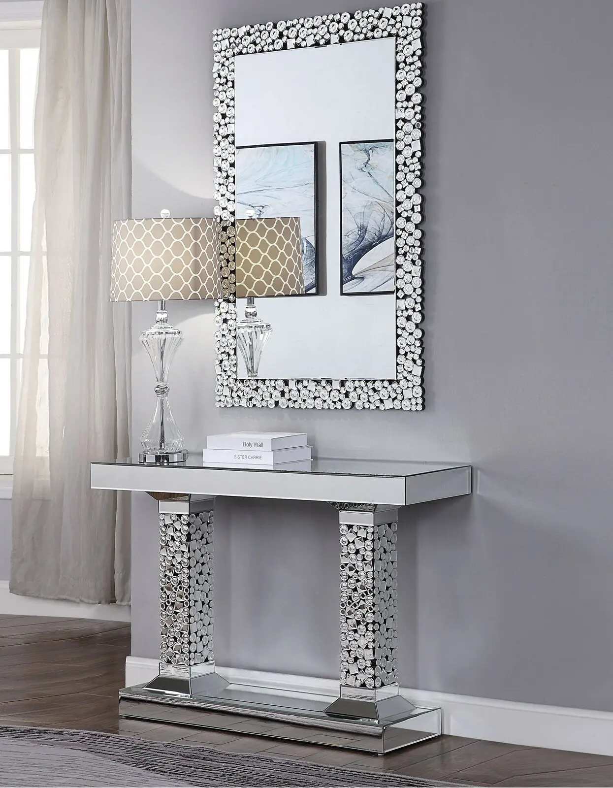 Buy New Arrival Sparkling Crushed Diamond Living Room Mirrored Console Table  With Decor Wall Mirror Set Mirrored Furniture Product on