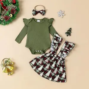 Foreign Trade Sweet Children's Wear New Autumn Girls' Knitted Flying Sleeve Top Strap Skirt Set Hair Band Three-piece Set