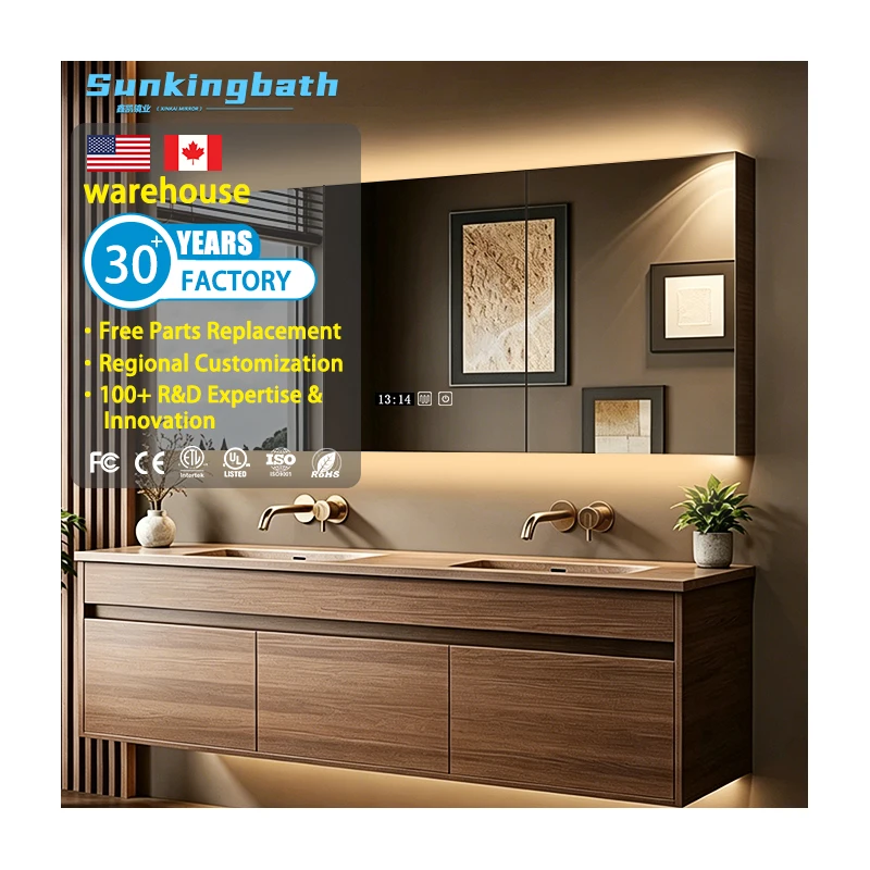 Light Luxury Hotel Ip66 Aluminum Bathroom Mirror Cabinet Three Door Bath Mirror Cabinet Led Mirror Cabinet with Time Display