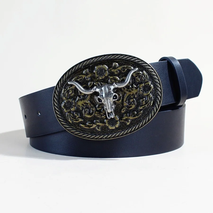 Women Men Floral Engraved Longhorn Bull Buckle Belt Cowboy  display picture 1