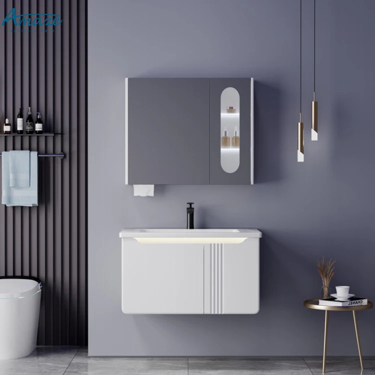 2024 New modern design white wooden bath furniture wall-hung bathroom vanity sink cabinet set with mirror