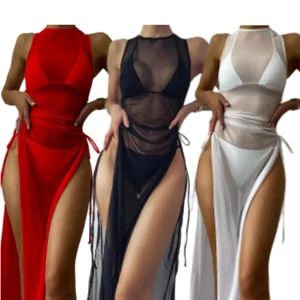 Custom Women Sexy 3pcs Solid Swimwear with Cover up Dress Swim Bathing Suit Long Sleeve  Beach Wear Women Adults Hot Sale Bikini