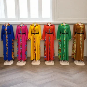 New Wholesale Printed Lapel Long Sleeve Muslim Robe Abaya Kaftan Women Belt Dress