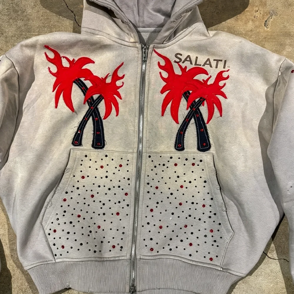 Custom Premium Heavyweight Rhinestone Palm Tree Graphic Zip up Sweatshirt Casual Urban Loose Fit Oversized Streetwear Hoodie gallery 3