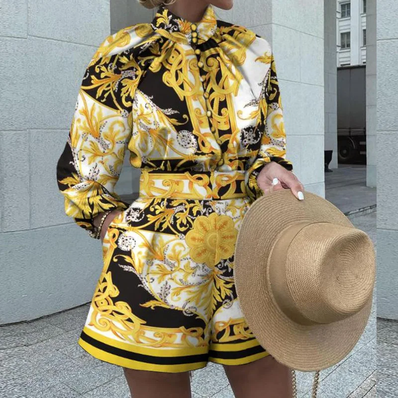 women's wear 2022 new fashion printing long sleeve shirt+ short pants two-piece set for ladies