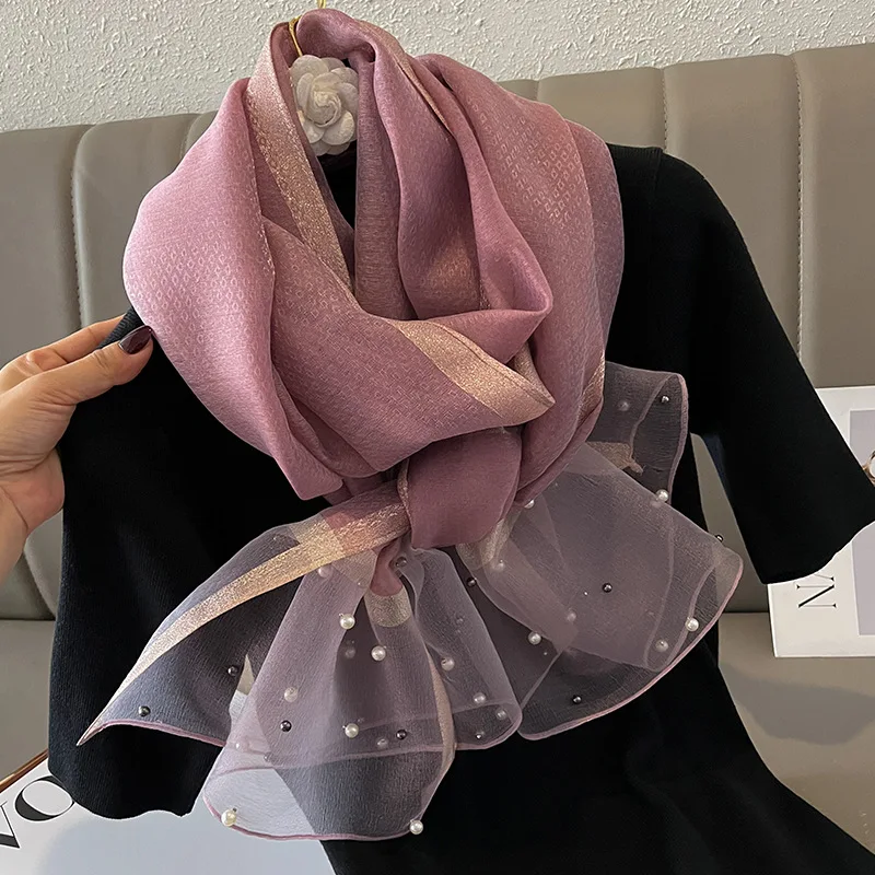 Ladies Imitated Silk Head Scarf With Pearls Beaded Shawls 75*190cm  Lightweight Sparkling Beads Luxury Organza Silk Hijab Scarf