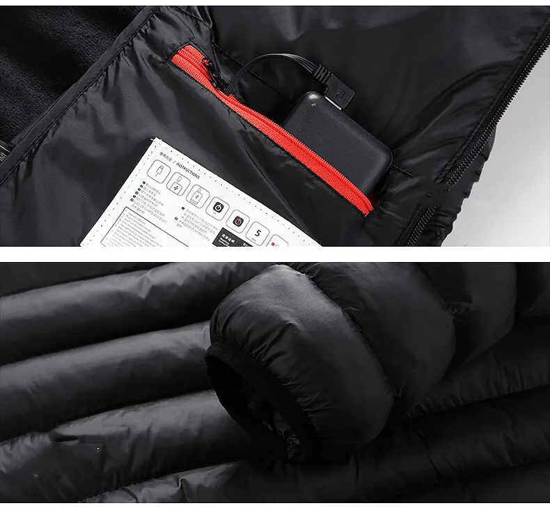 Machine Washable Rechargeable 5V USB Heated Jacket Mens Hooded Winter Heated Jacket for Men