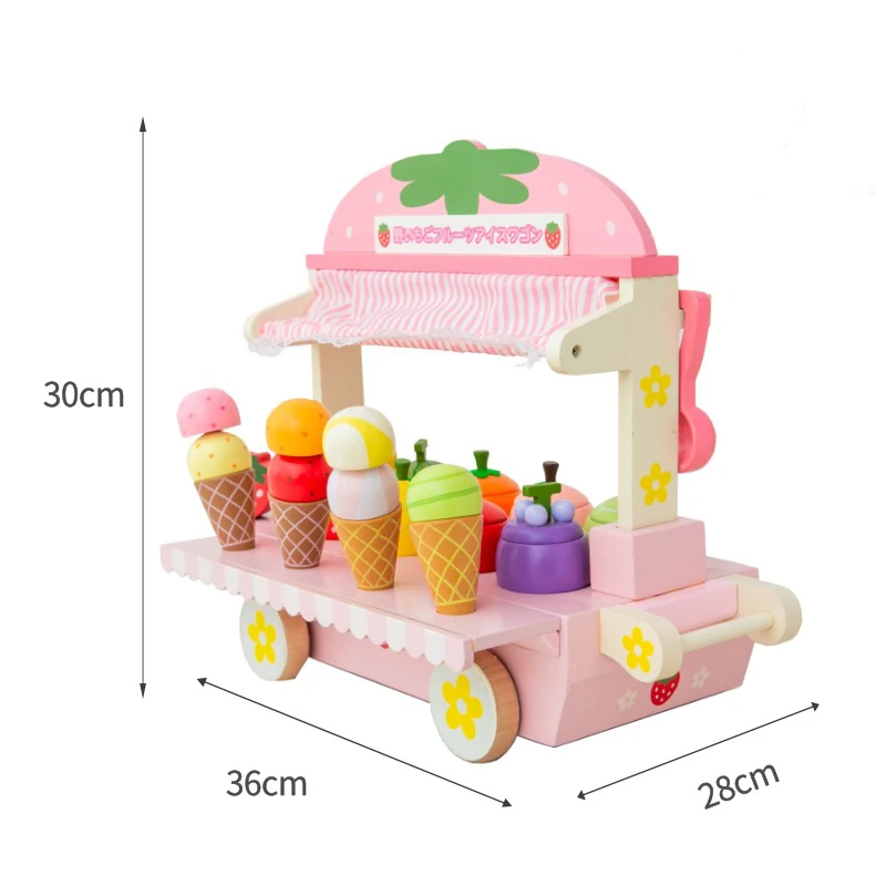 Wooden Ice Cream Cart Toys For Kids Toddlers Pretend Play Food Truck