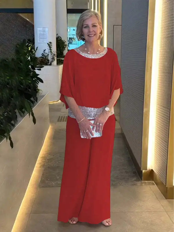 Plus Size Women's Casual Piece Pants Set with Half Sleeve Sequins