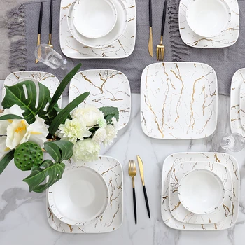 Wedding tableware royal style white marble ceramic dinner set for 6 people