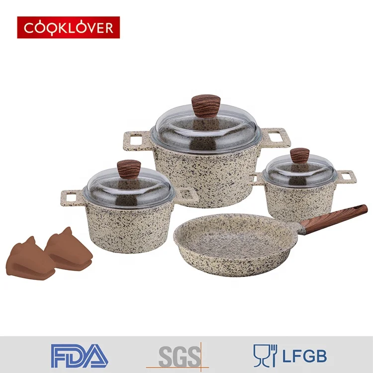9 Pcs Granite Non Stick With Induction Bottom Cookware Set Aluminum Pot
