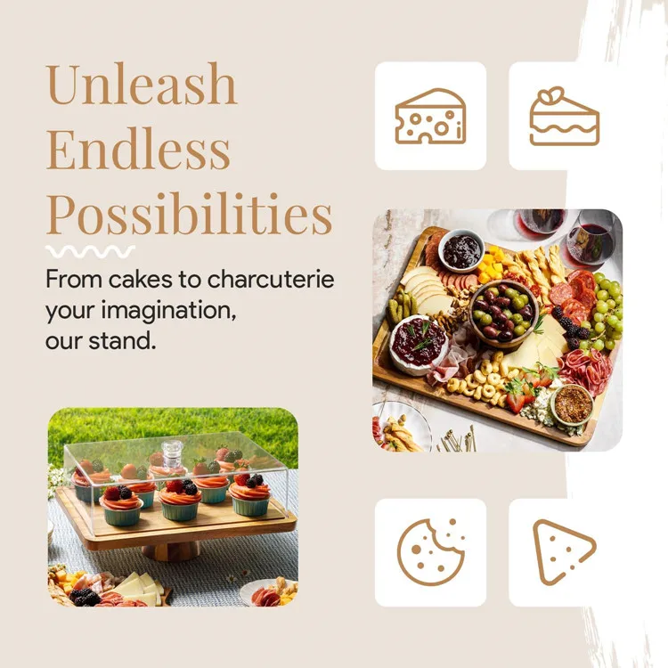 Party Decoration Dessert Table Display Set 2-In-1 Raiser Charcuterie Board Acacia Wood Cake Stand  With Glass Acrylic Lid