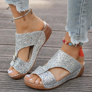 Summer Women's Plus-size Fashion Sandals Silver Flash New Platform Wedge Women Casual Sandals