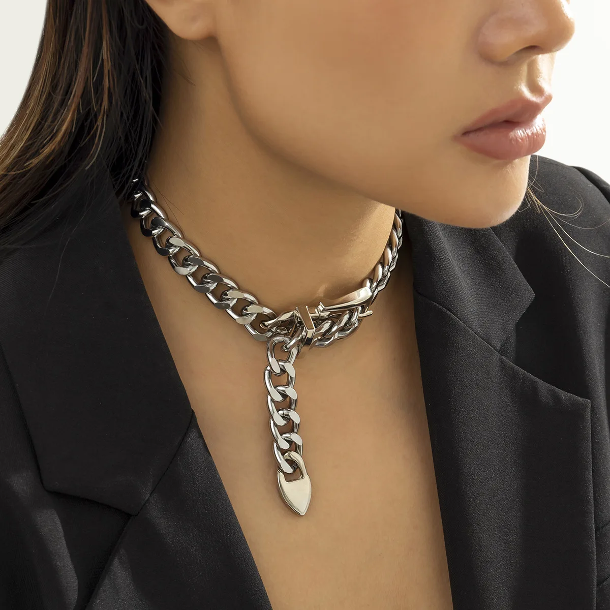Exaggerated Big Chunky Metal Belt Choker Necklace for Women