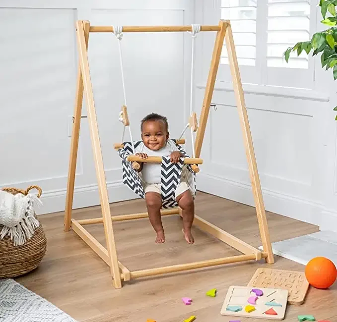 Wooden Baby Swing Set With Stand Frame Toddler Indoor And Outdoor Play