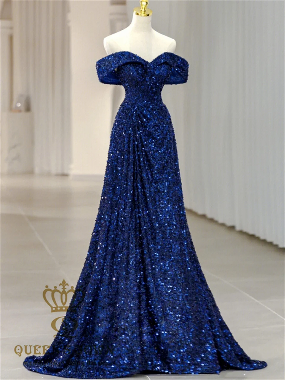 Paillettes Vestito Elegante Blu Notte Abito Lungo Blu Paillettes
